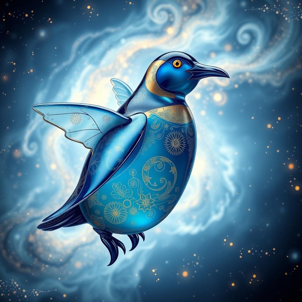 Blue Glass Penguin Soaring Through Galaxy