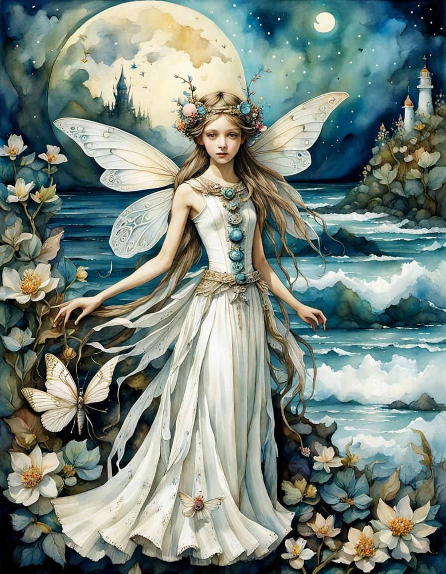 Fairy by the Ocean in Scrapbook Art Style