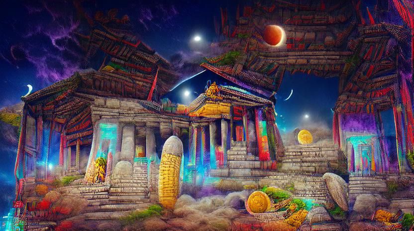 Moonlit Ancient Harvest Temple: Colourful Digital Illustrati...