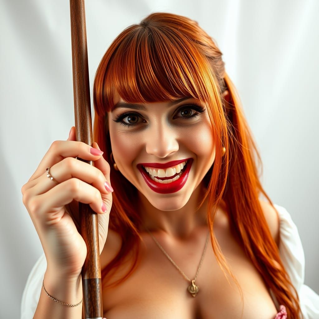 Provocative Redhead with Cue in Photo Booth
