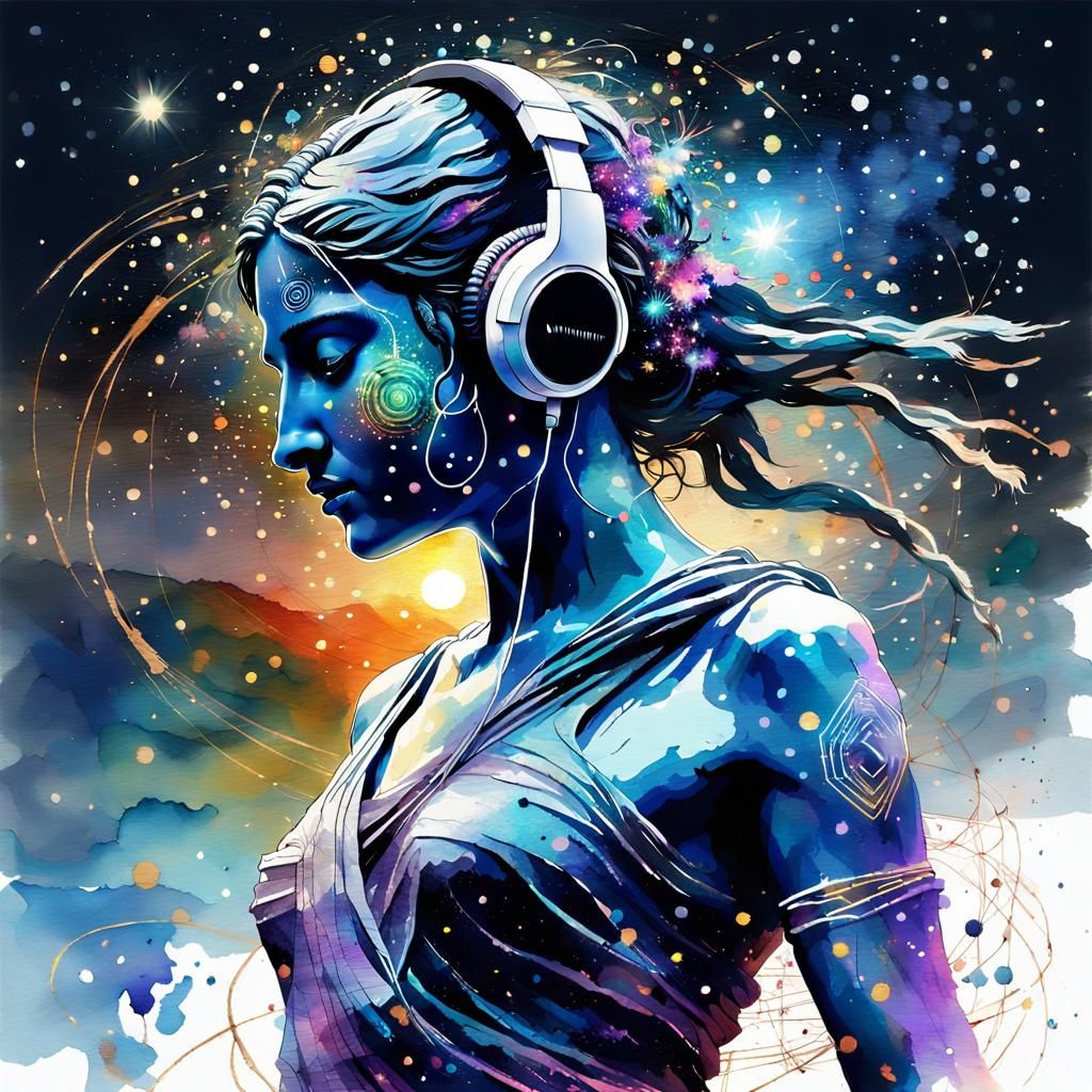 Greek Statue Dancing in Cosmos, Digital Watercolor