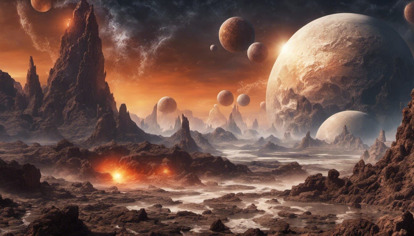 Alien Planet Volcano with Three Suns, Fantasy Art