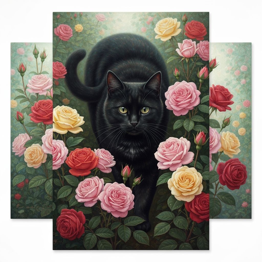 Black Cat Prowls Through a Rose Garden