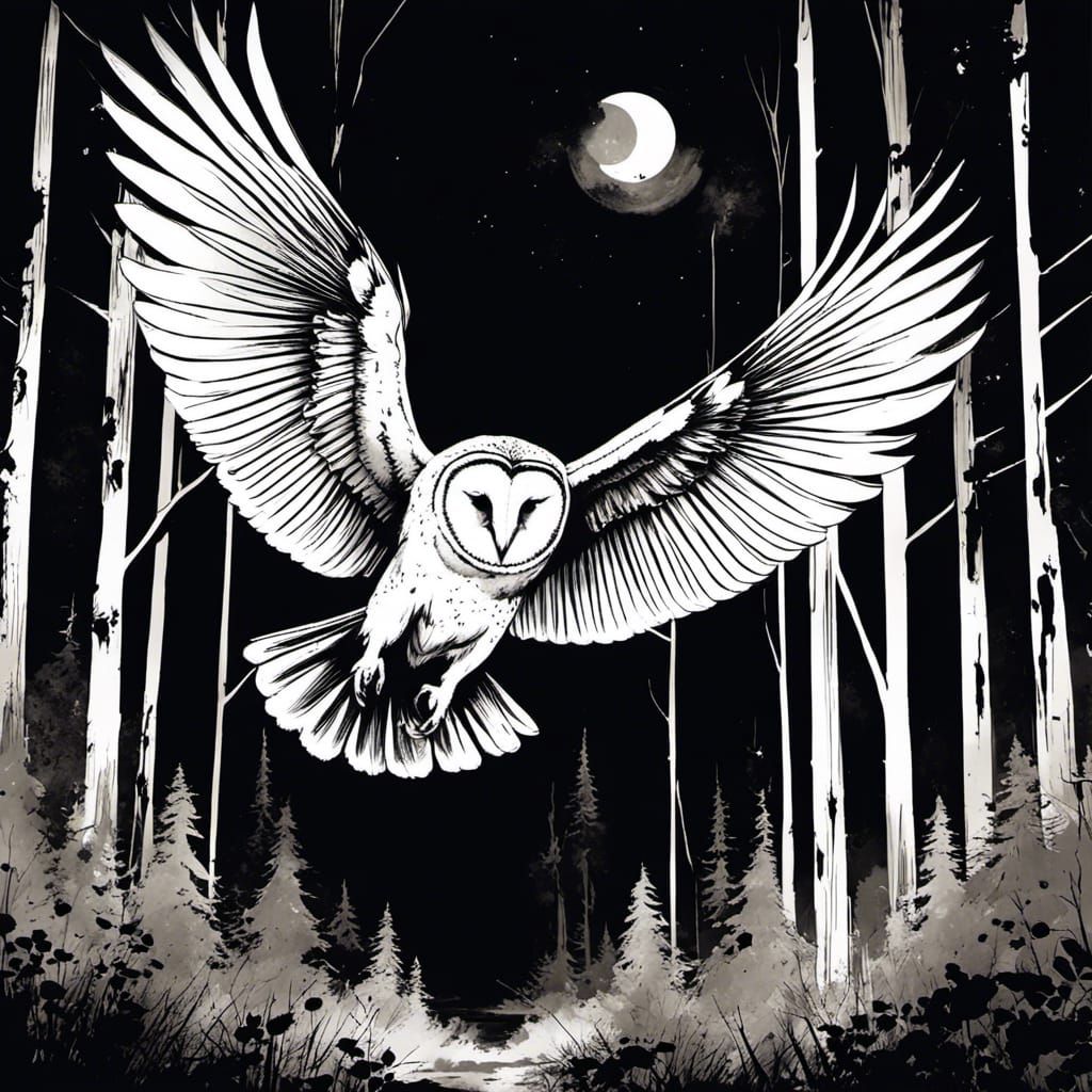 Barn Owl Flight in Dark Surrealist Forest