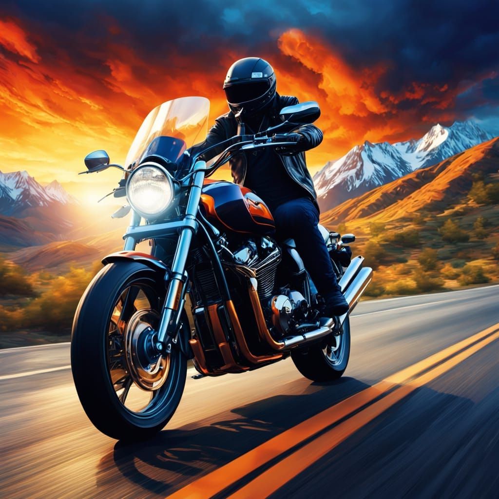 Motorcycle Rider Speeds Through Mountain Valley in Golden Ho...