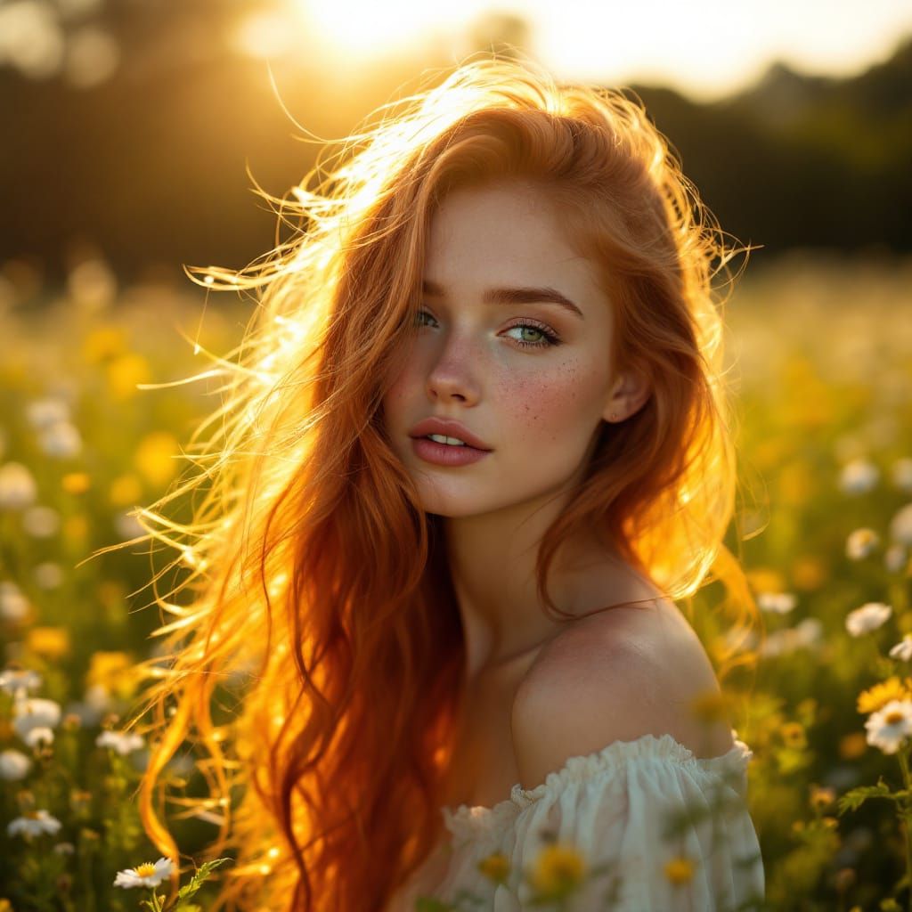 Radiant Redhead in Sunlit Meadow Portrait