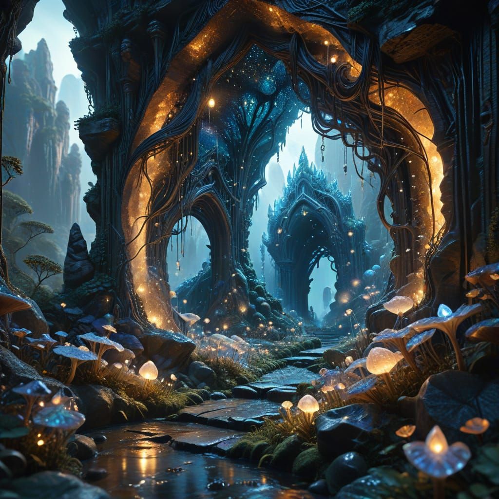 Hidden Elven City Inside Geode with Luminous Silk Structures