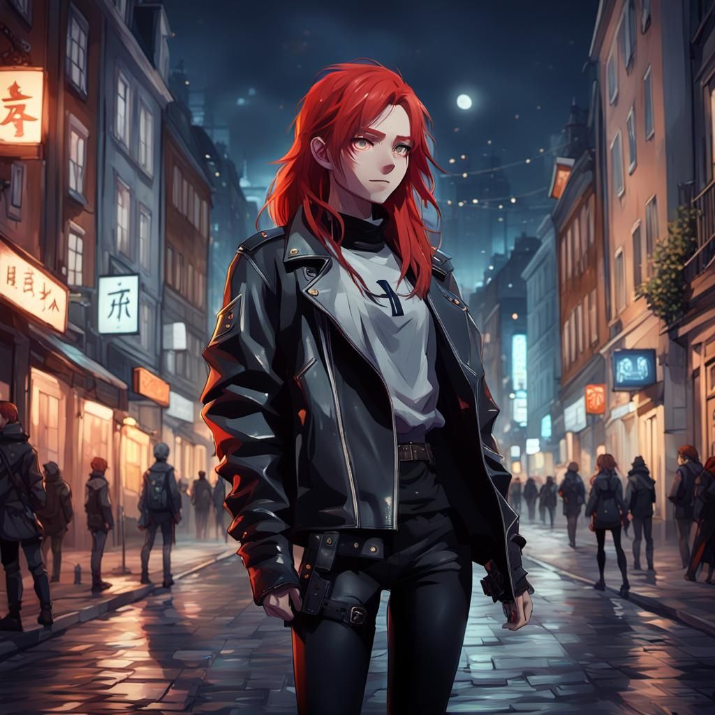 Anime-Inspired Woman in Helsinki Street at Night