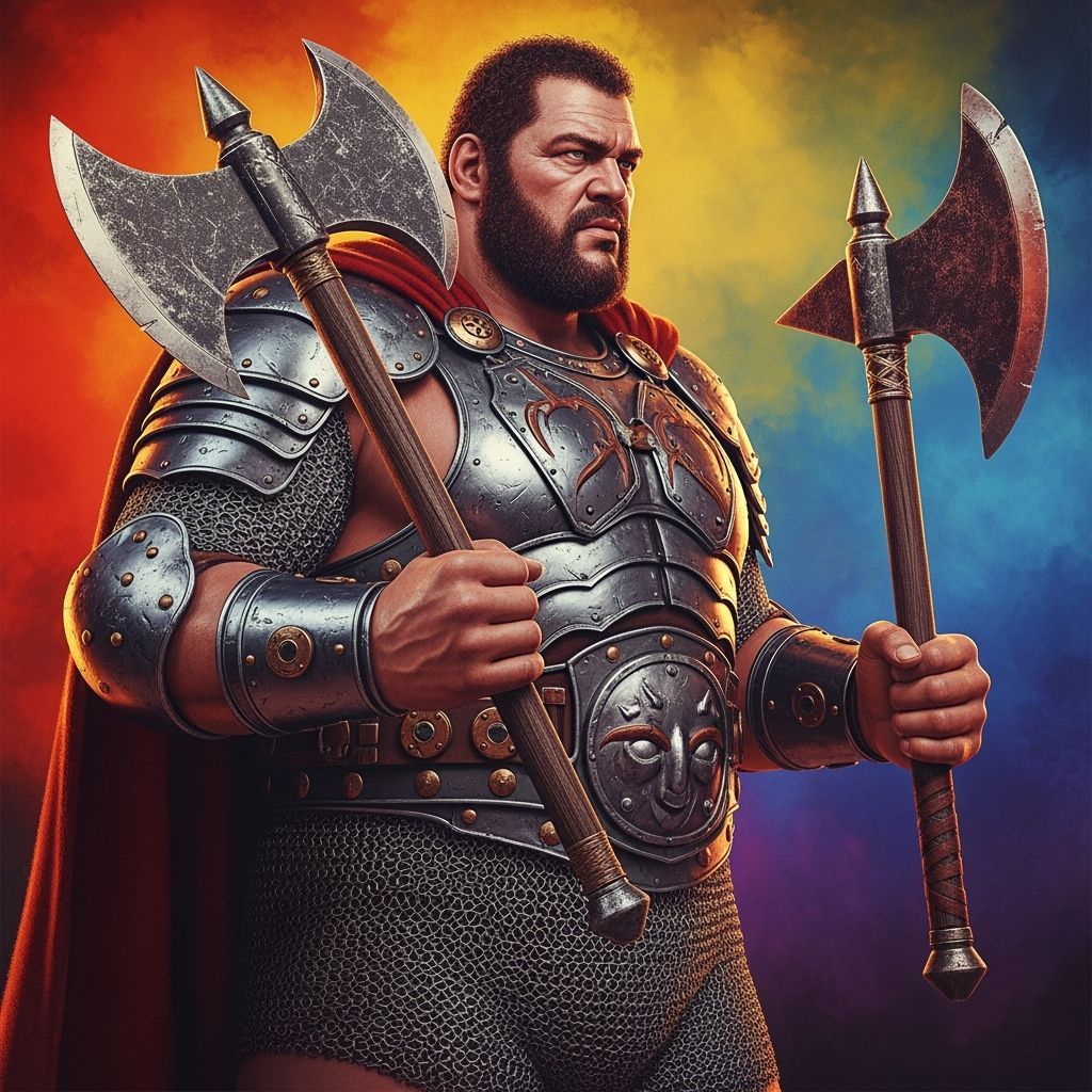 Colossal Warrior with Axes in Hyperrealistic Style