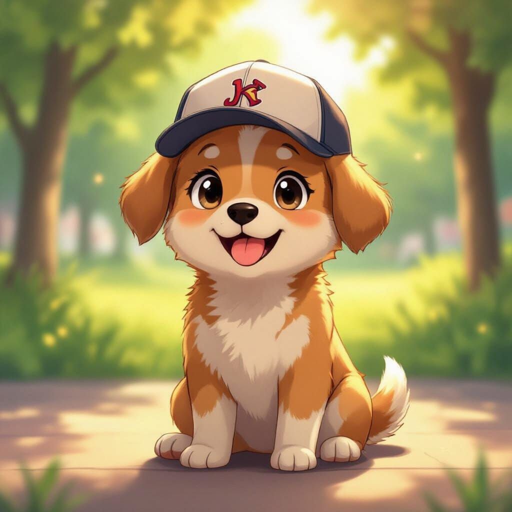 Cute Anime Puppy in Baseball Cap in Sunny Park