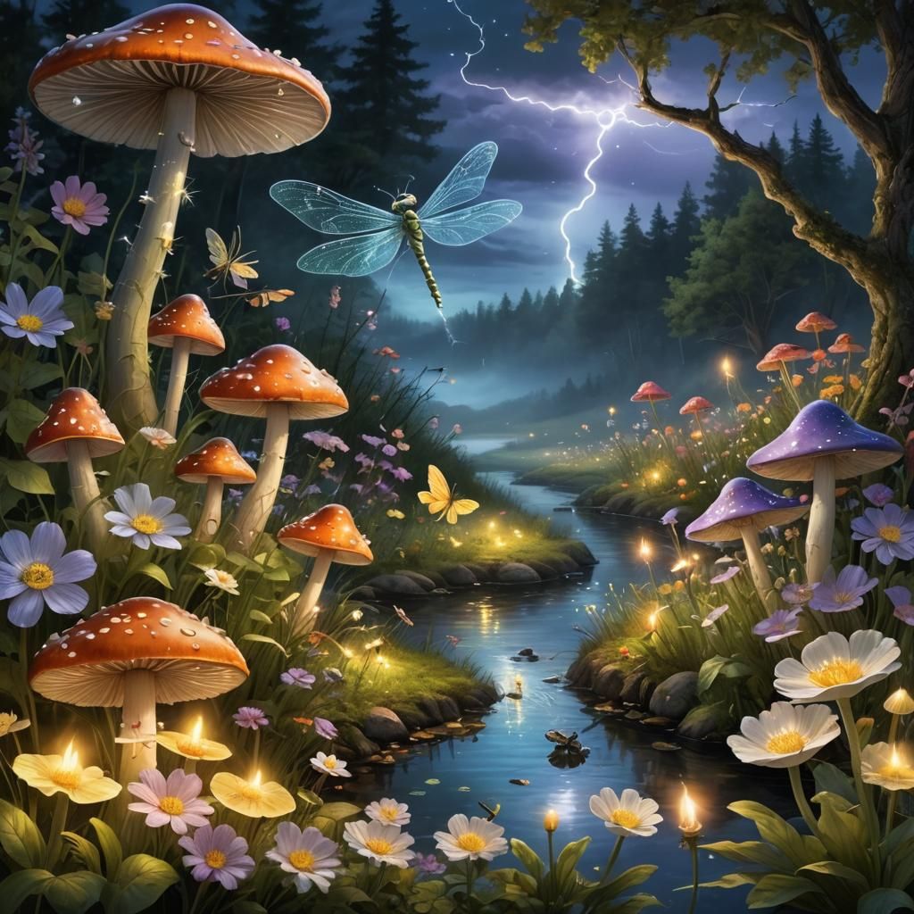 Fairies and Dragonflies by Lakeside Meadow at Twilight