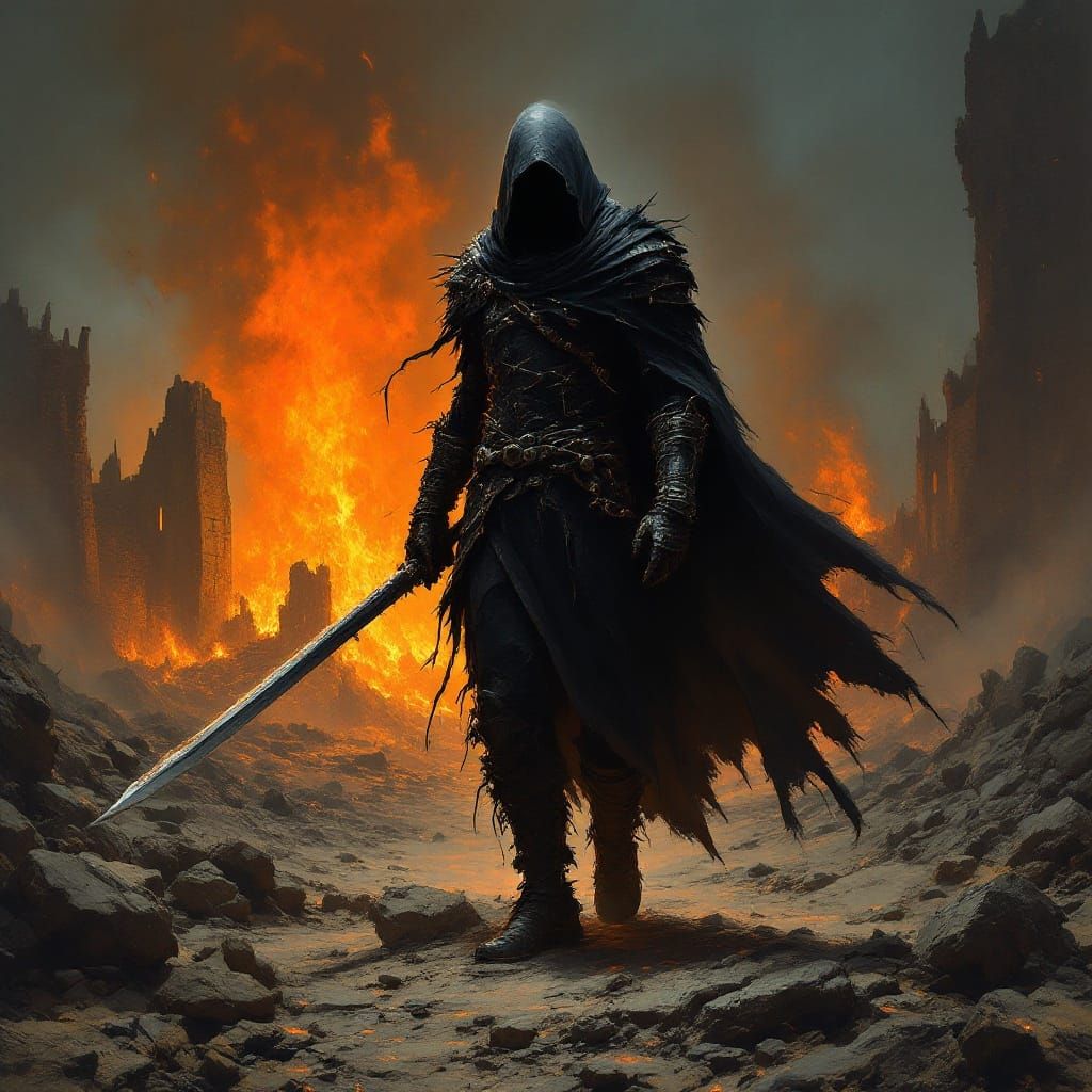 Victorious Warrior in Ruined Landscape