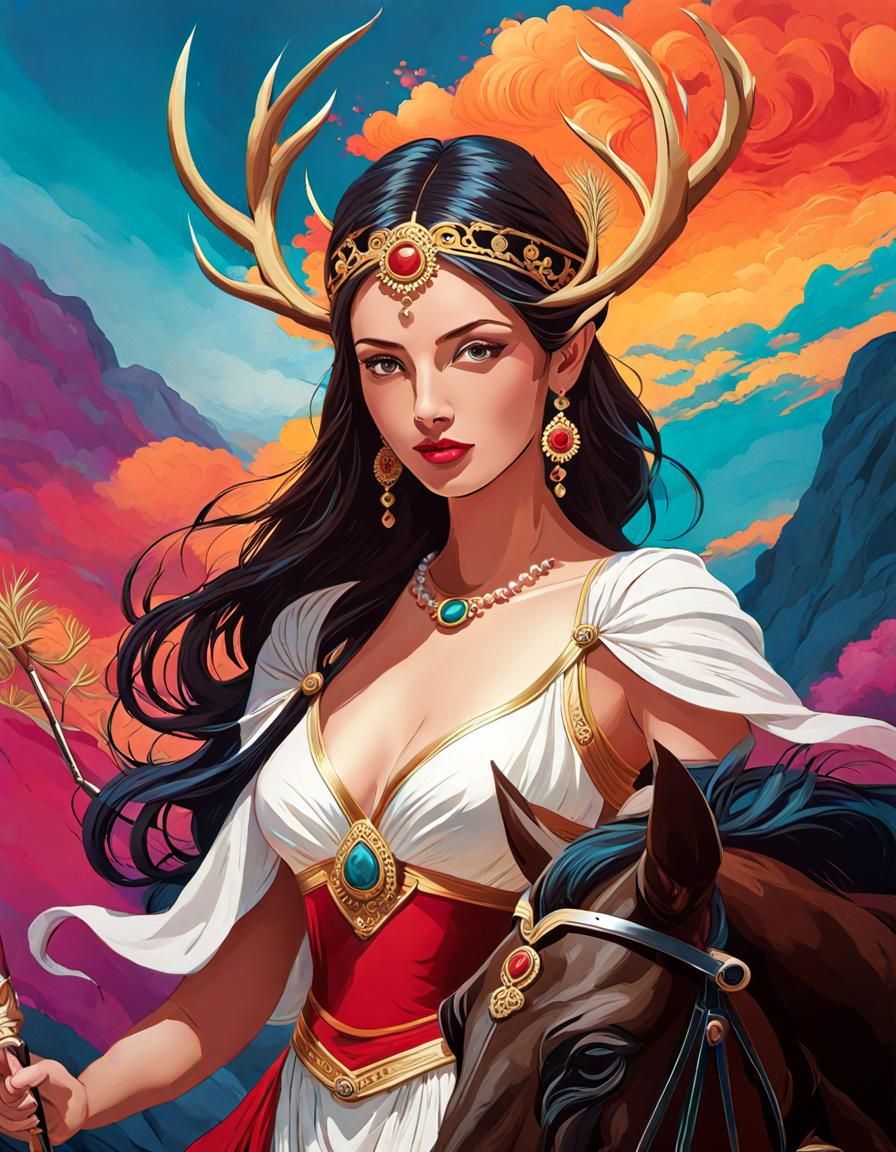 Antlered Goddess Riding Horse in Vibrant Illustration