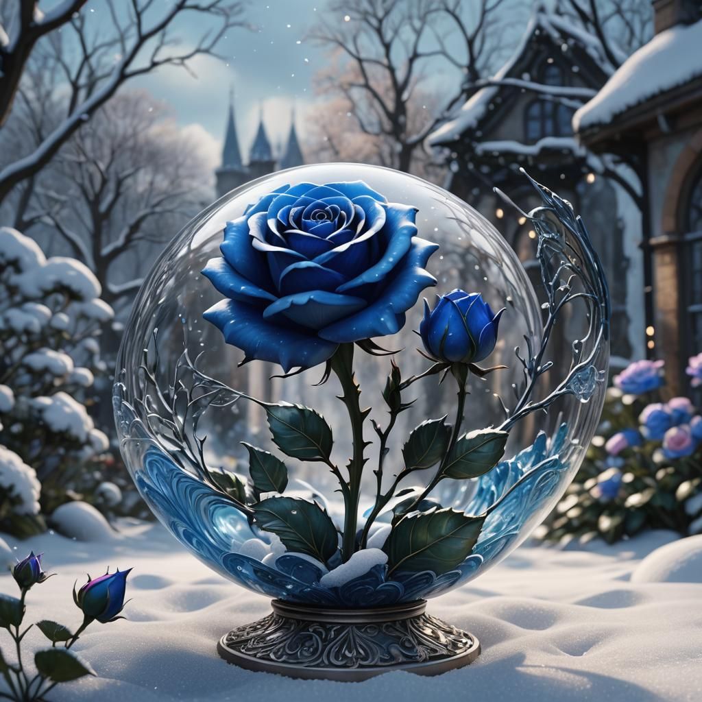 Glass-Blown Blue Rose in Snowy Garden: Detailed Matte Painti...