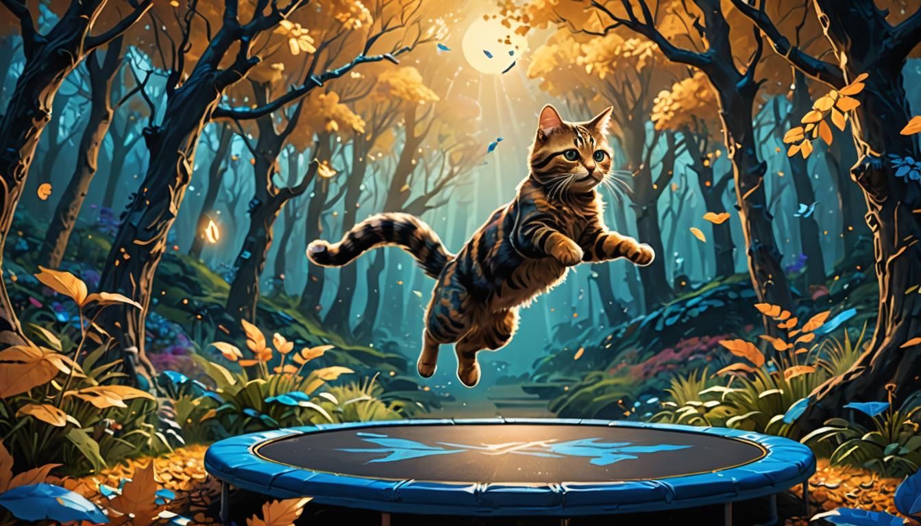 Cat on Trampoline in Whimsical Forest