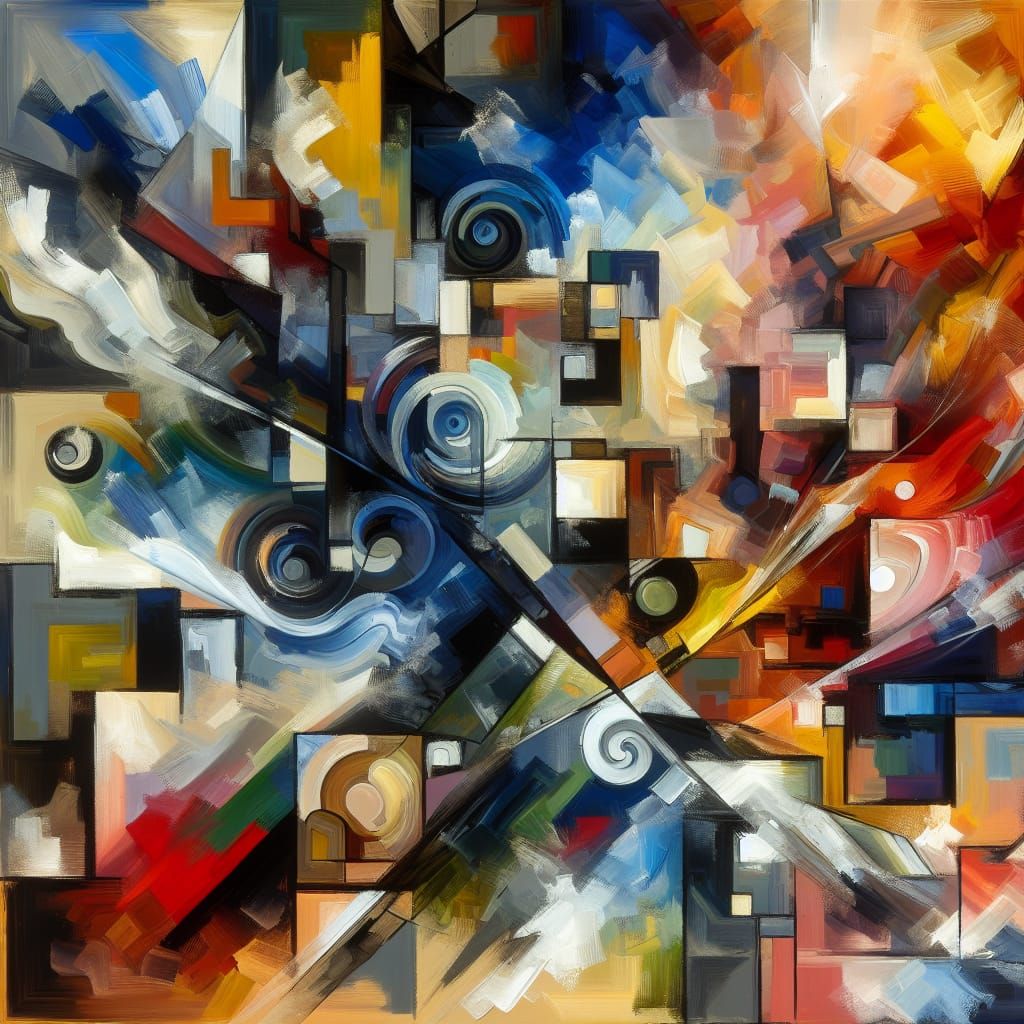 Vibrant Cubist-Surrealist Oil Painting Capturing Chaos and E...