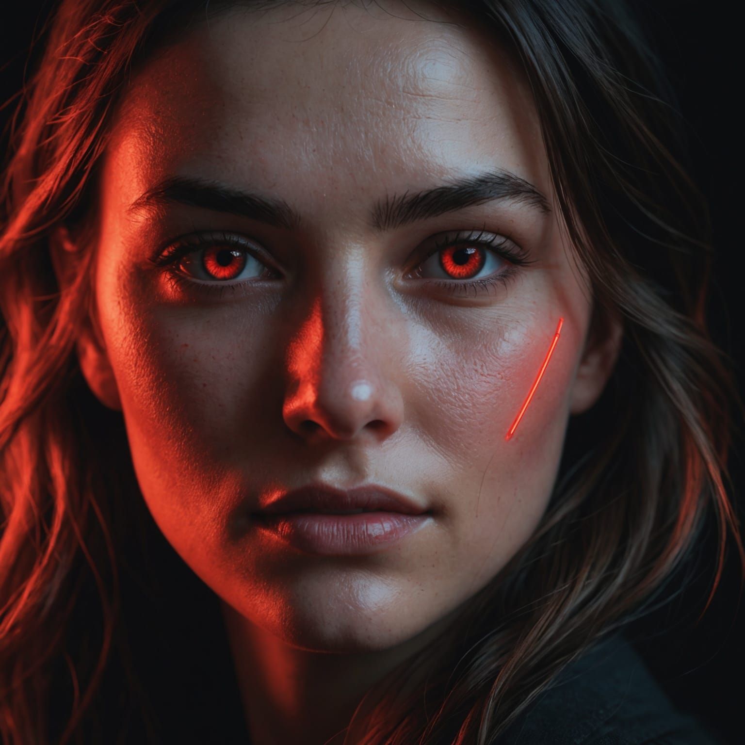 Woman with Red Light: Ultra Realistic Digital Portrait