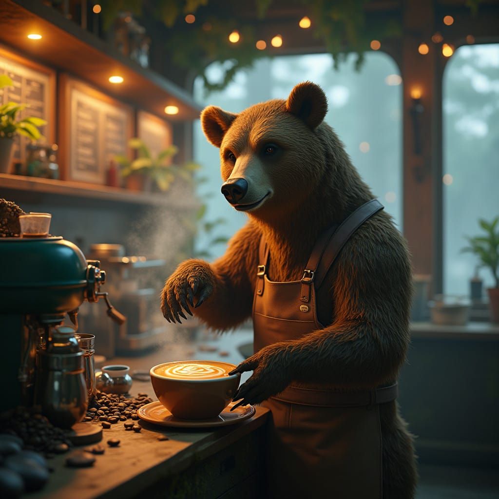 Grizzly Bear Barista in Whimsical Coffee Shoppe Scene