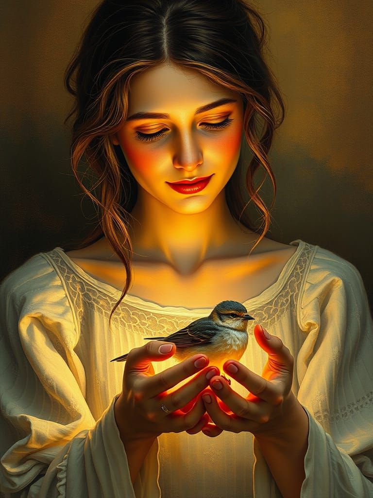 Woman Cradling a Delicate Bird in Soft Golden Light