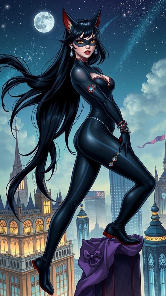 Catwoman in Fantasy Cityscape, Comic Book Illustration