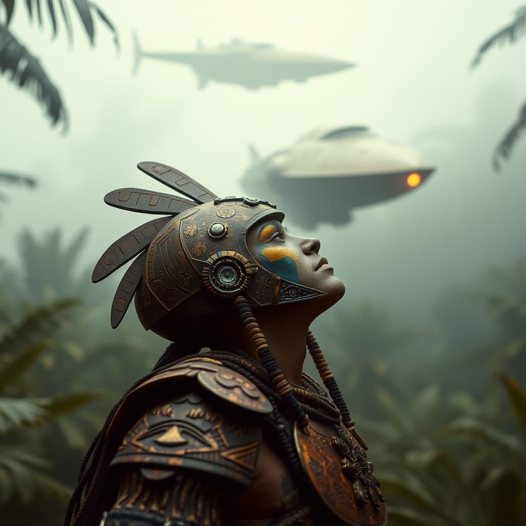 Futuristic Aztec Warrior in Cyberpunk Jungle Scene