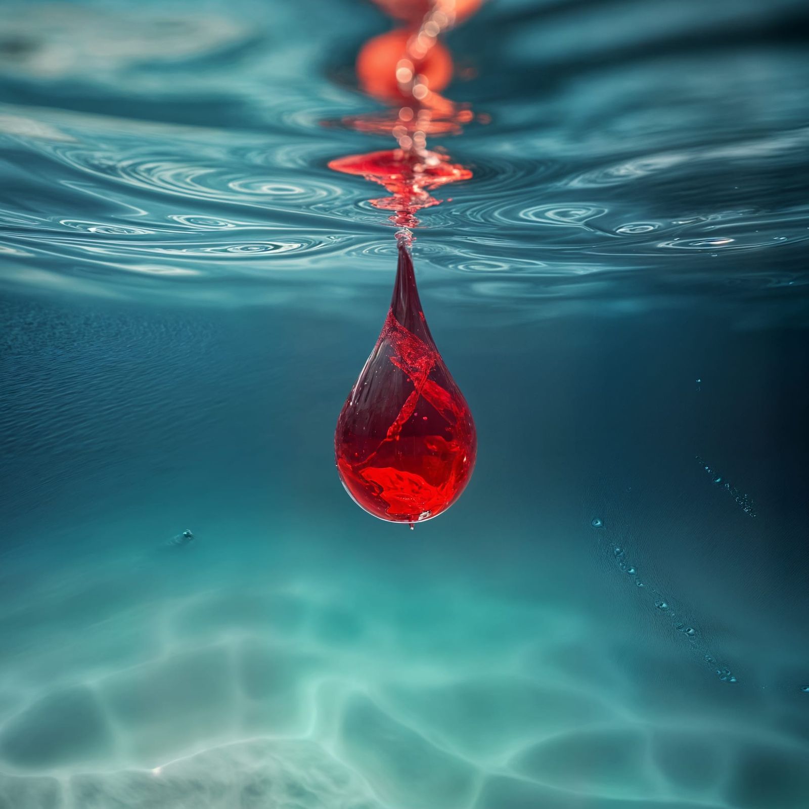 Surreal Underwater Blood Droplet in Dreamlike Atmosphere