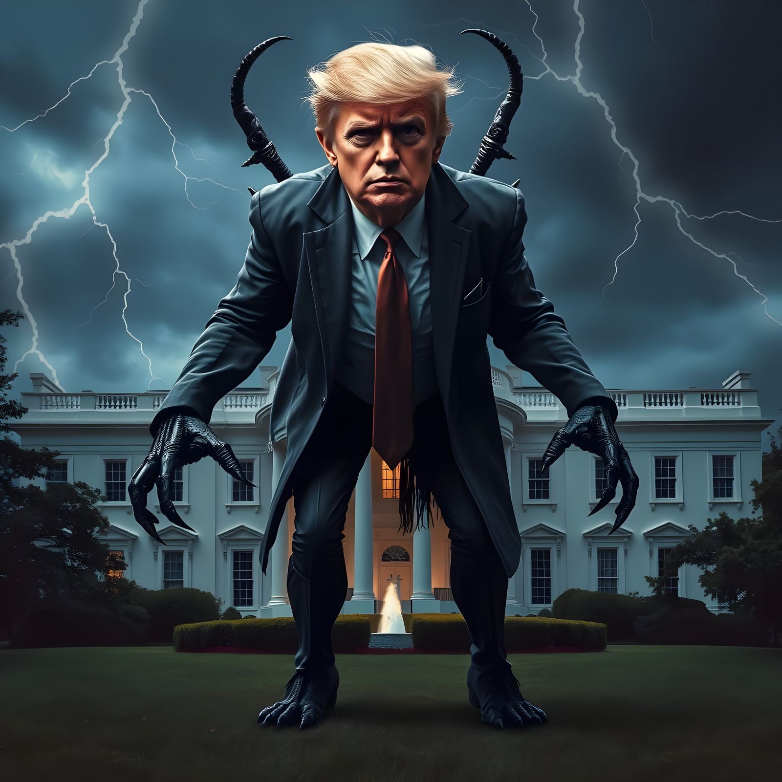 Grotesque Trump Demon on White House Lawn