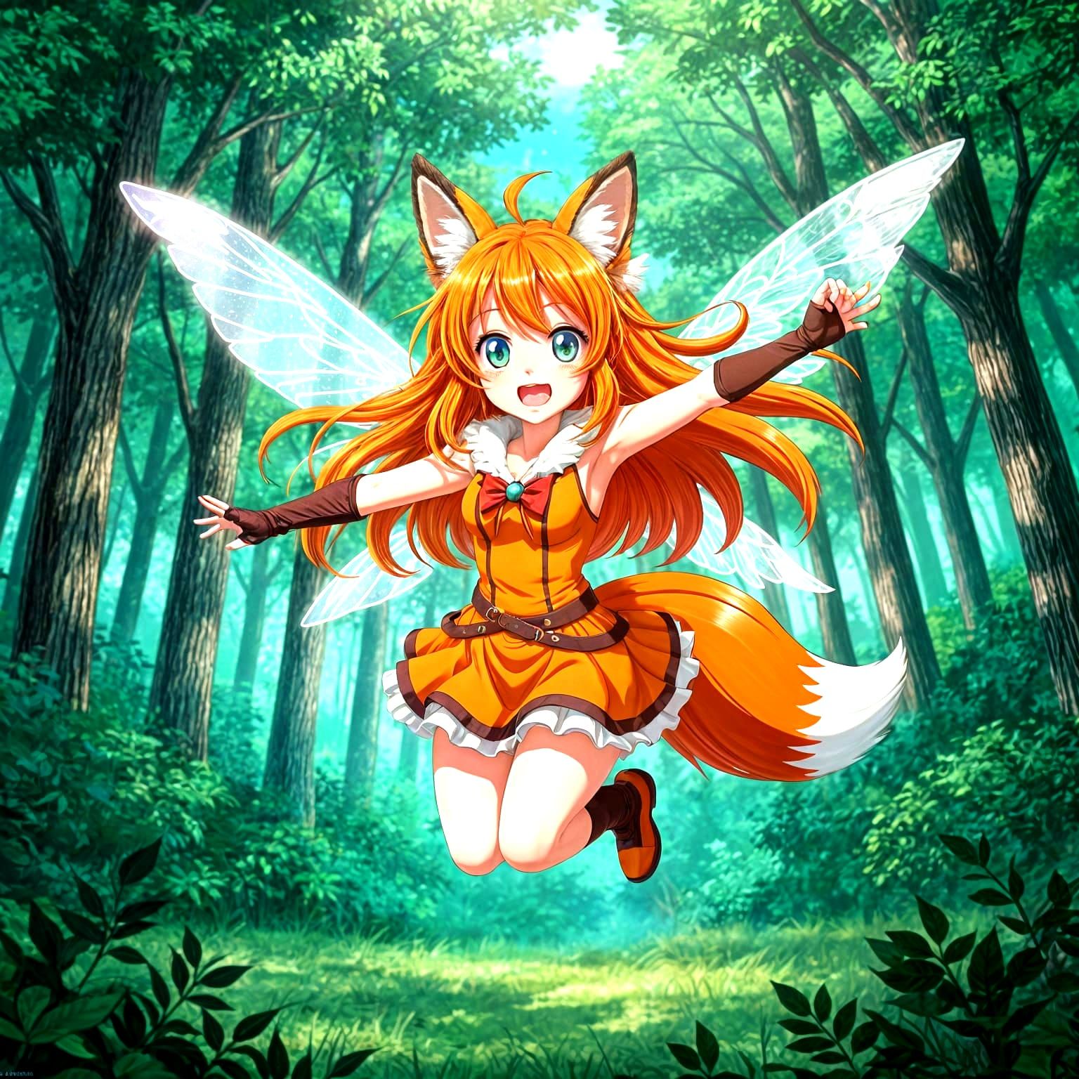 Cute Anime Fox Girl Flying in Forest