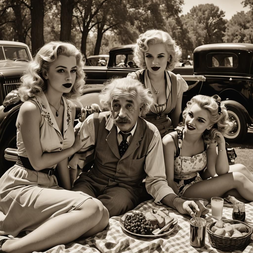 Albert Einstein with two beautiful pinup girls on a picnic