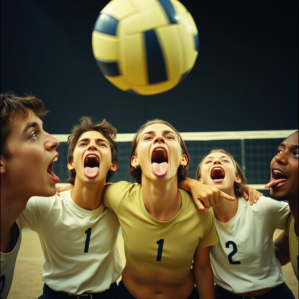 Volleyballers Sticking Out Their Tongues in a Cinematic Film...