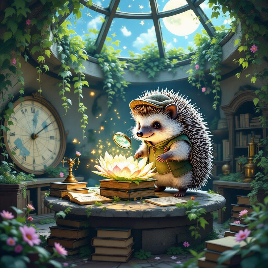 Hedgehog Botanist Cataloging Luminous Flower in Ruined Obser...