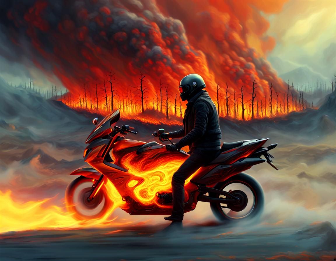 Ethereal God on Flaming Motorcycle in Hellscape