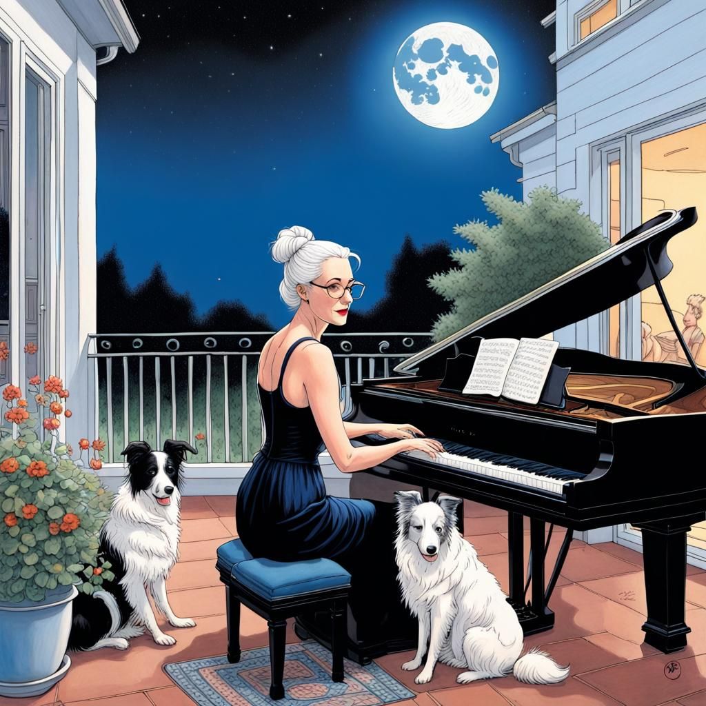 Ligne Claire Portrait: Woman Plays Piano by Moonlight