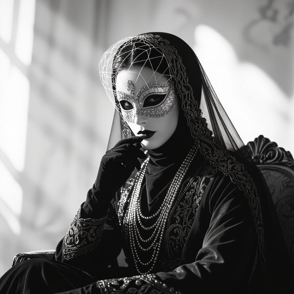 Enigmatic Portrait with Mask in Film Noir Style