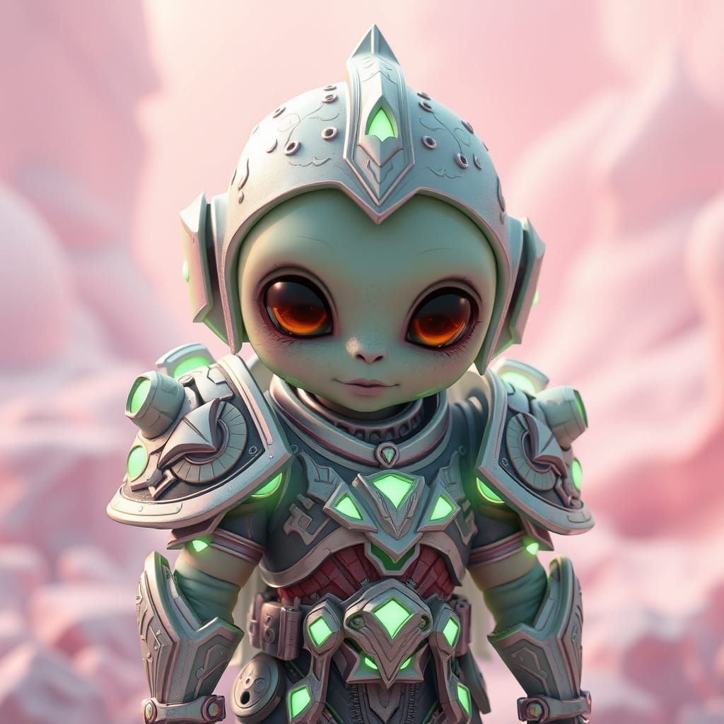 Cute Alien in Pastel Armor: 3D Anime Art