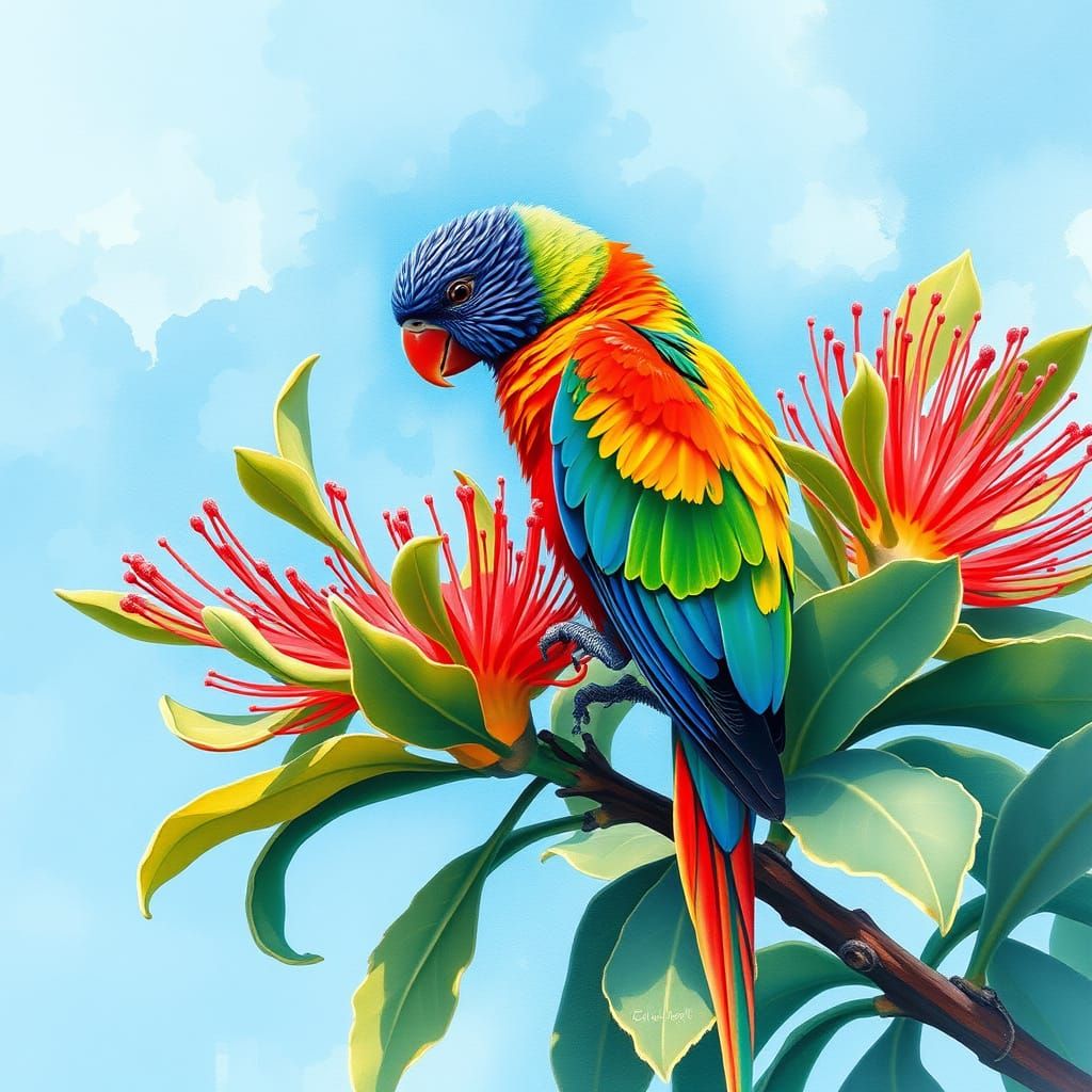 Ethereal Australian Parakeet in a Watercolor Landscape