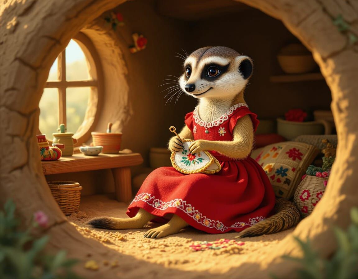 Meerkat Embroidering in Cozy Burrow, Folk Art Style