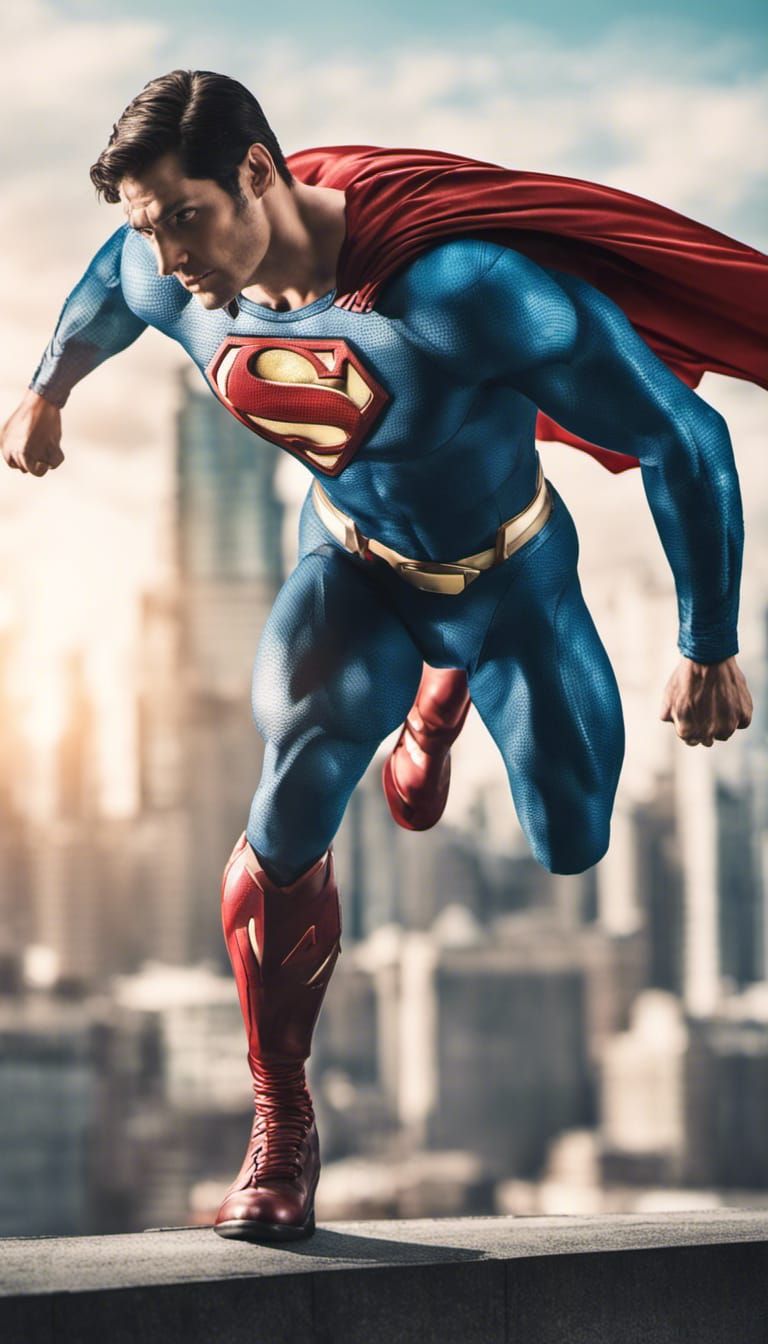 Armored Superman Hovering Heroically in City