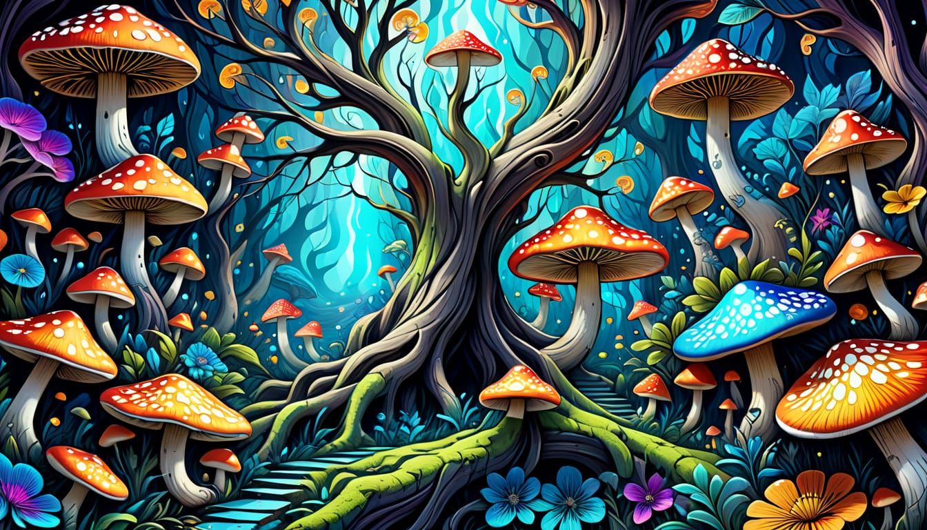 Psychedelic Fantasy Tree Blooms with Vibrant Mushrooms and F...