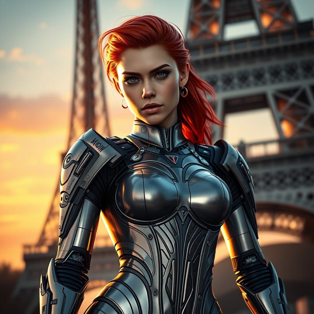 Cyberpunk Warrior Woman Heroically Stands Before the Eiffel....