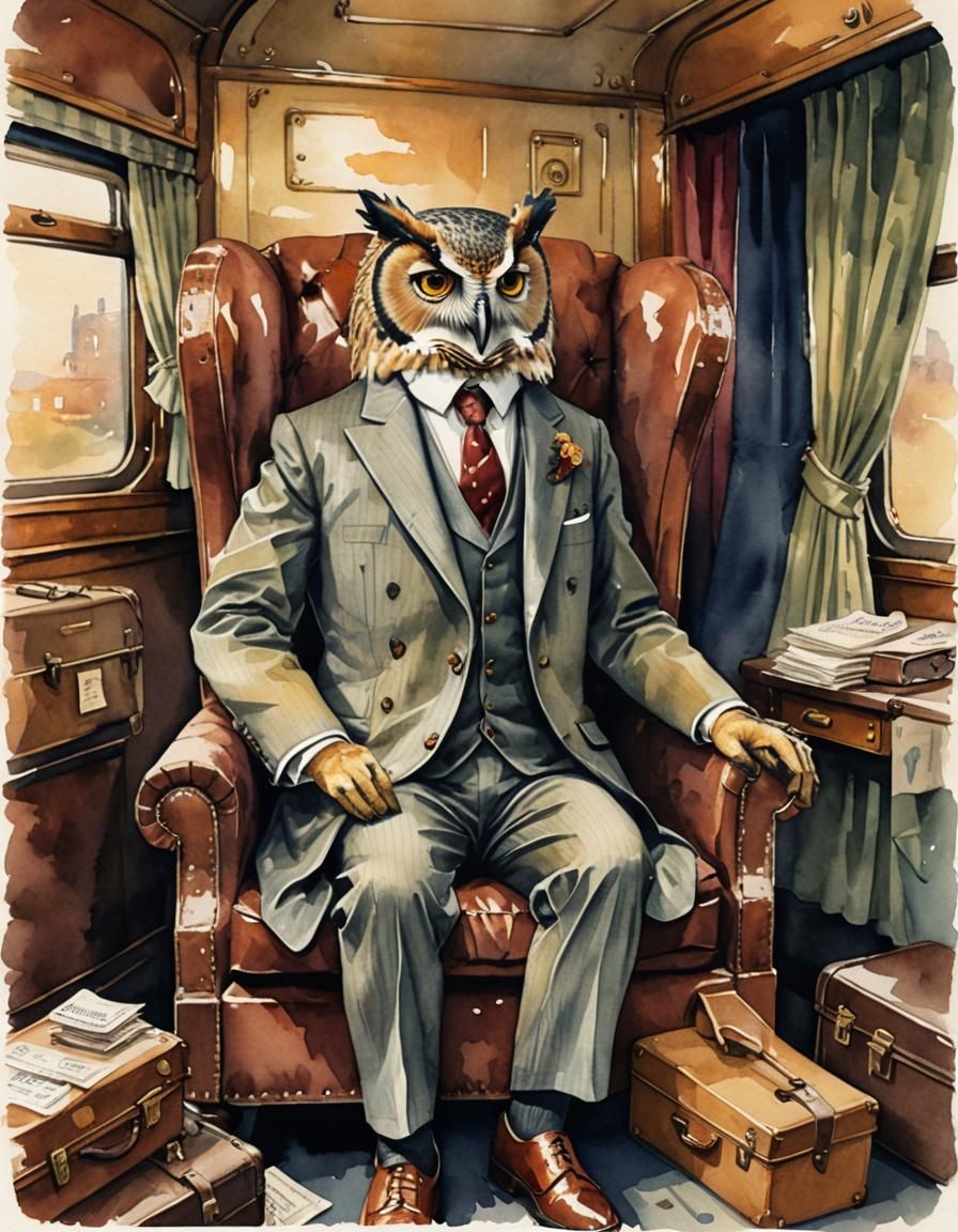 Whimsical Owl in Vintage Train: Watercolor Illustration