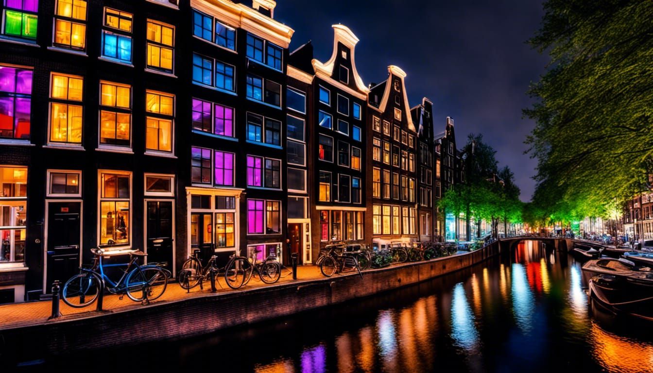 Amsterdam Night View: Hyperrealistic Cityscape with Colorful...
