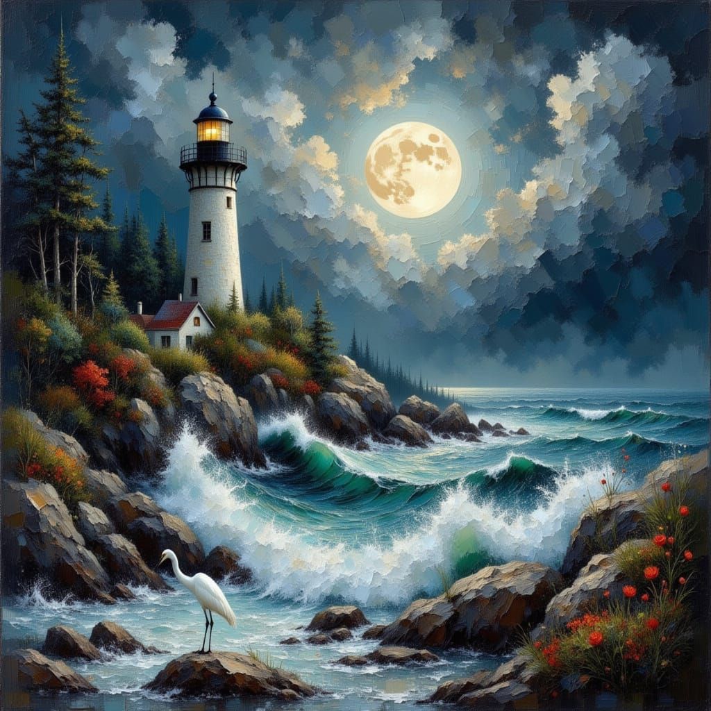 Lighthouse on Stormy Coast in Impasto Style