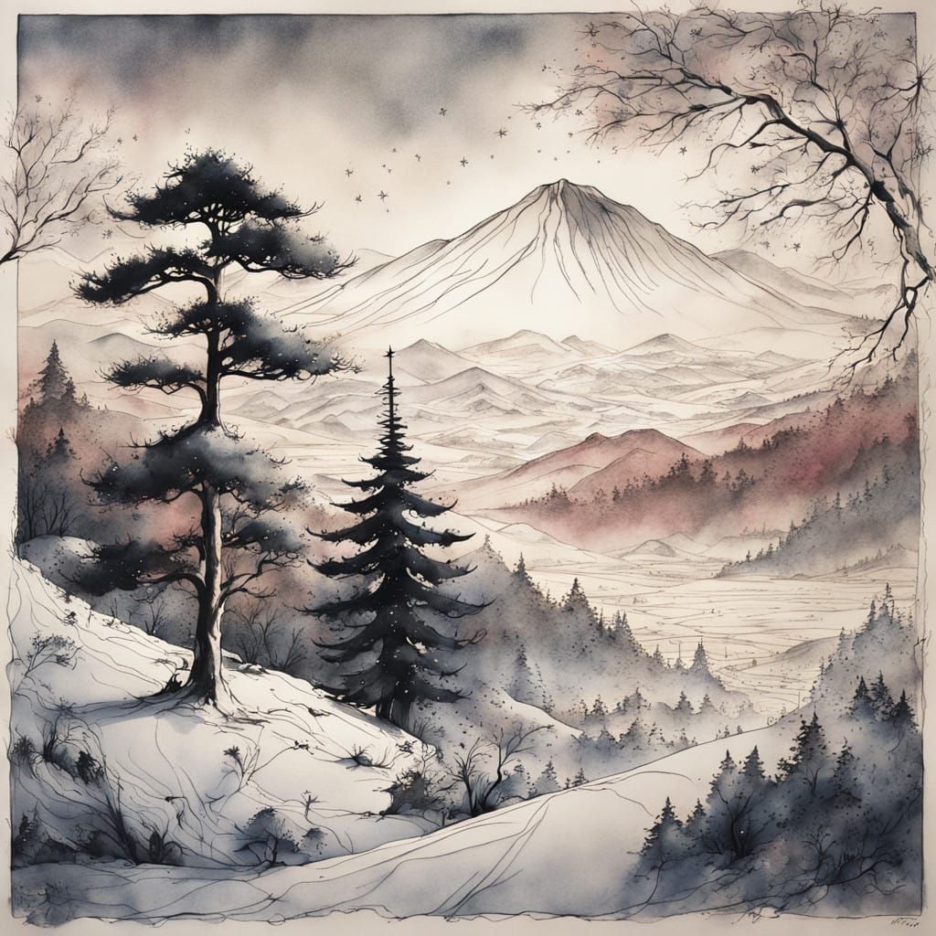 Serene Snowy Christmas Wonderland in Sumi-e Style Ink Wash