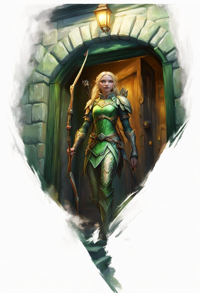Blonde Archer in Doorway: Oil Painting Concept Art