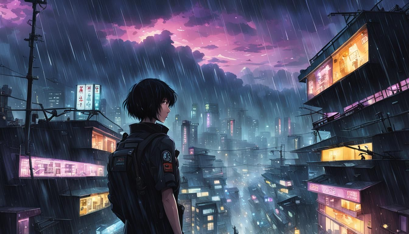 Kusanagi Motoko in Cyberpunk Cityscape