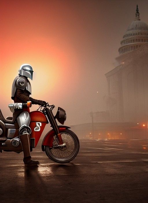 Mandalorian Rides Motorcycle in Apocalyptic DC