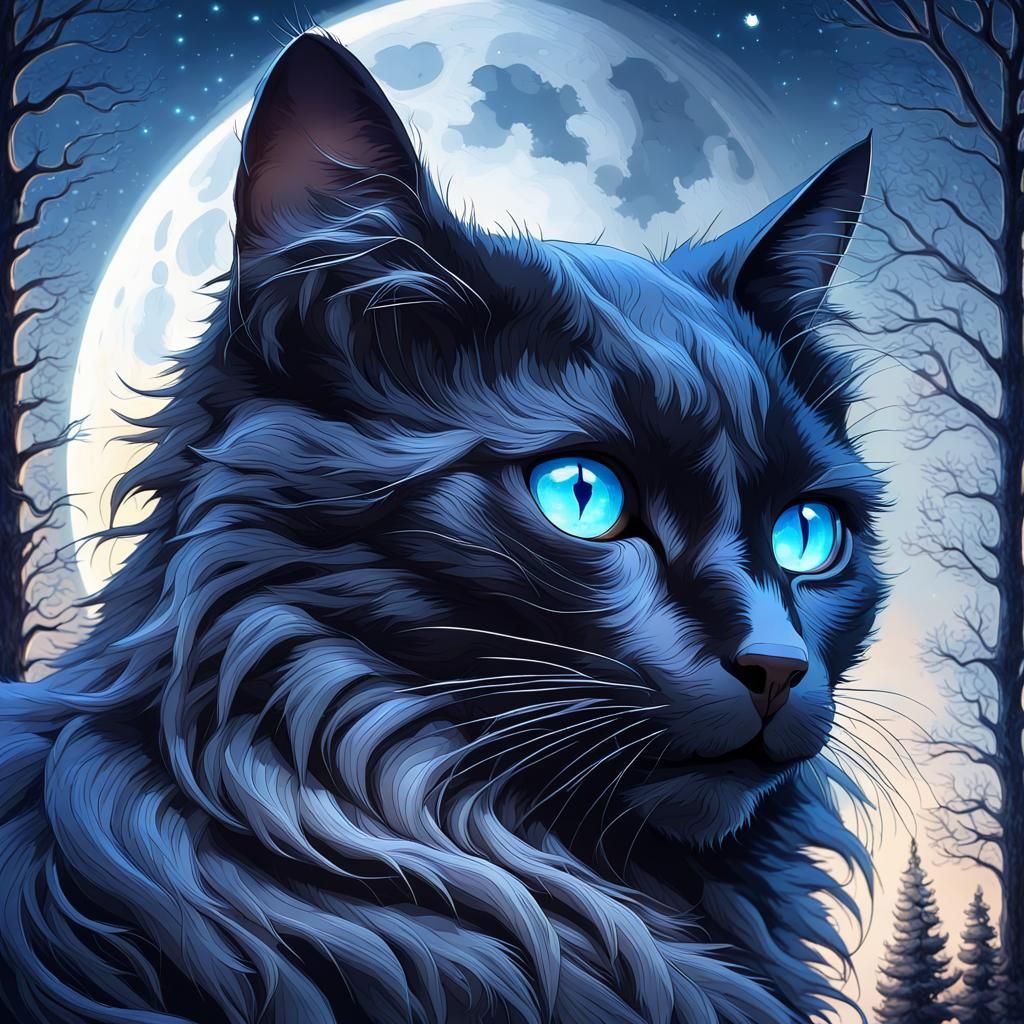 Mysterious Black Cat with Blue Eyes Under Moonlight
