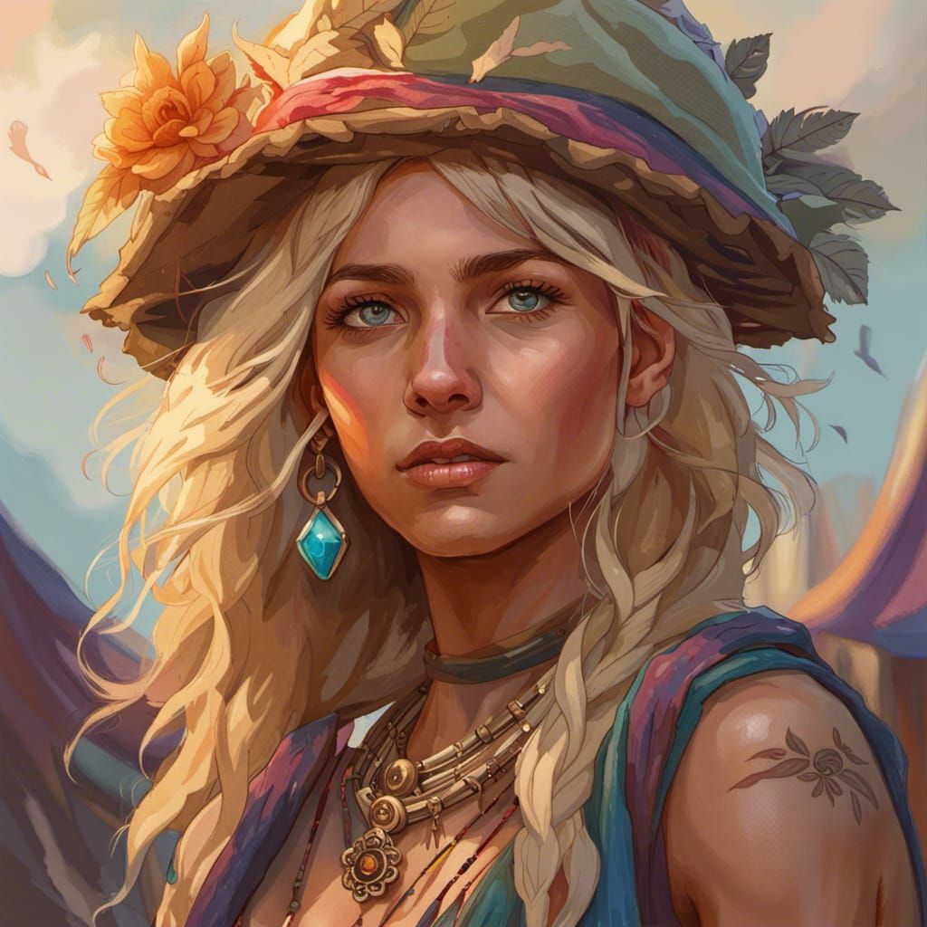 Blonde Gypsy Woman Portrait in Art Nouveau Style