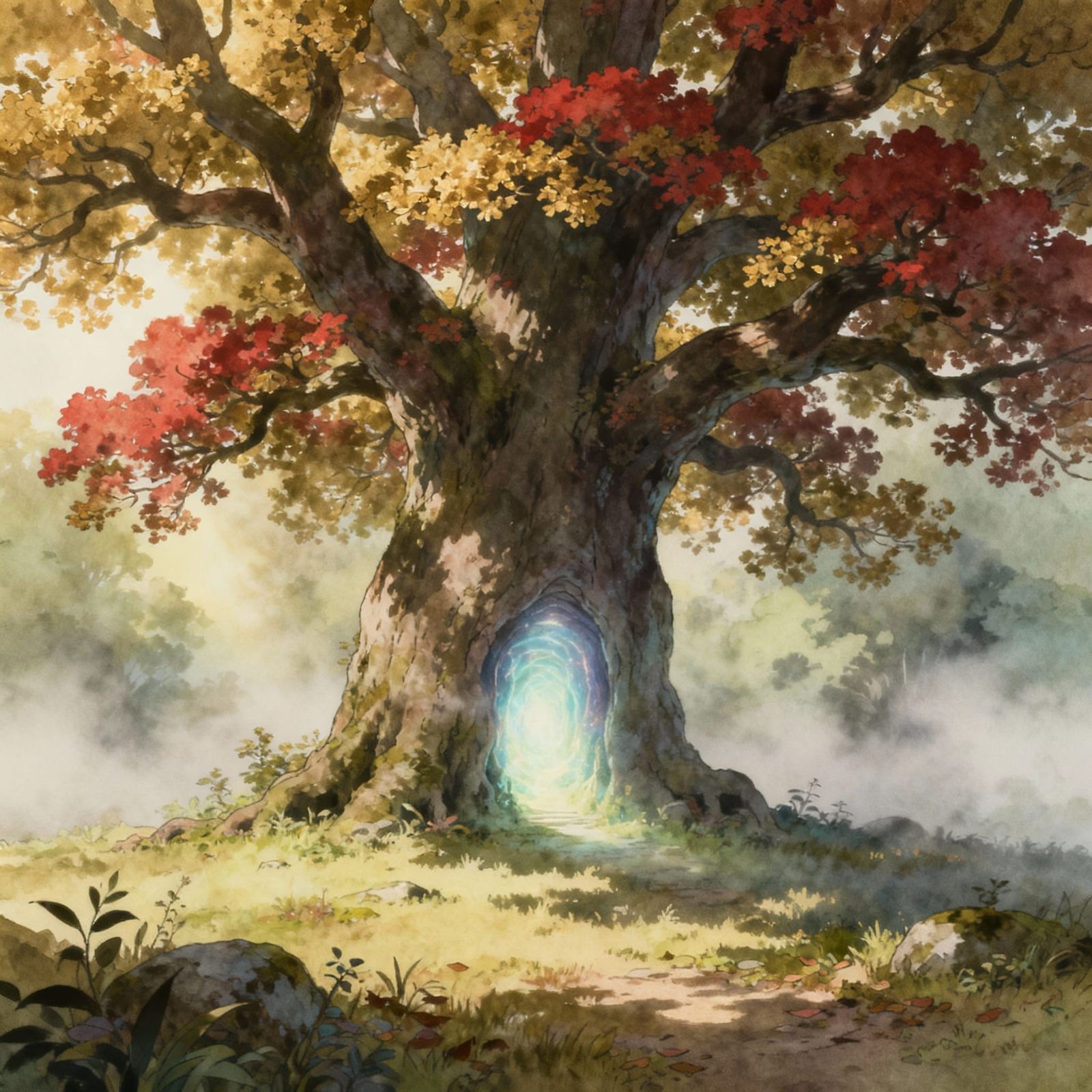 Ancient Oak Tree With Hidden Portal in Misty Clearing